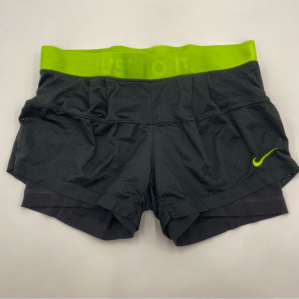 Nike Shorts Running Layers Black Neon Band Women Size Small Fitted Mesh Stretch